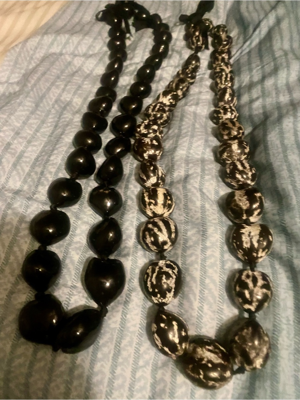 2 Hawaiian Kukui Leis, Black & Black-White Marbled Statement Necklace